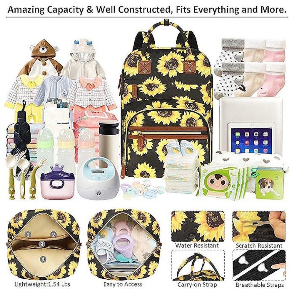 Diaper Bag Backpack for Women Large Capacity, Baby Bag Sunflower Floral - Picture 3 of 8